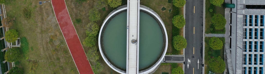 Top aerial view of a water treatment plant