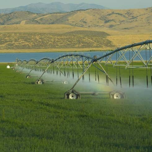 美国犹他州的洒水车在给农场的草坪洒水